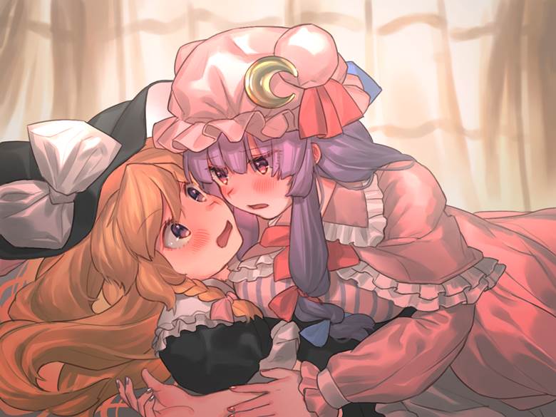 Touhou Project, Marisa x Patchouli, Marisa Kirisame, patchouli knowledge, Touhou Project 500+ bookmarks, pushed down, yuri