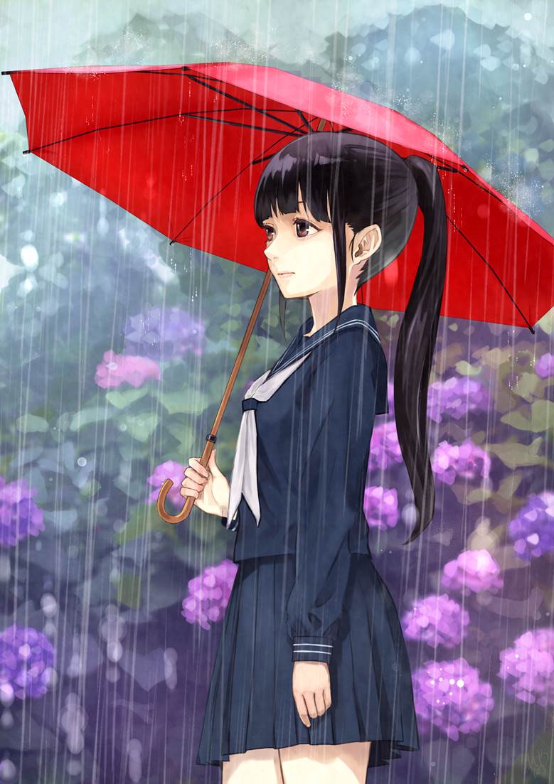 hydrangea, ponytail, high school girl, sailor uniform, black hair, umbrella, rainy season, girl, Original 500+ bookmarks