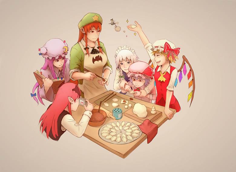 芙兰朵露, 蕾米莉亚, 帕秋莉, 红美铃, 小恶魔, sakuya izayoi, 东方, 东方Project, girls cooking