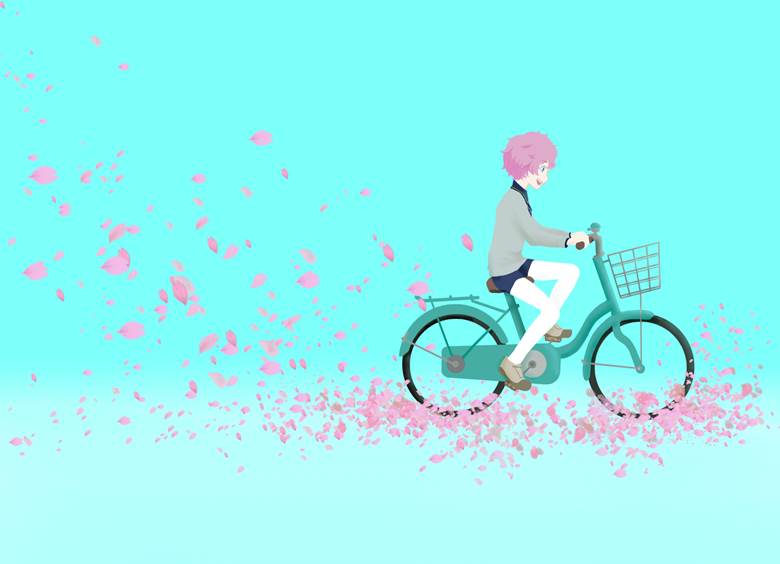 自转车に乗った秋田君が樱吹雪の中をぶわーって走るやつ|もっかく的自行车人物插画图片