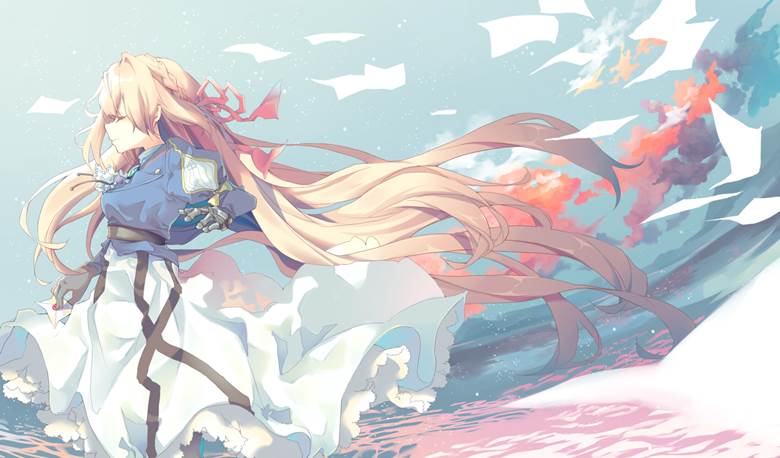 女孩子, 紫罗兰永恒花园, 薇尔莉特·伊芙加登, Violet, pastel, sky, sea