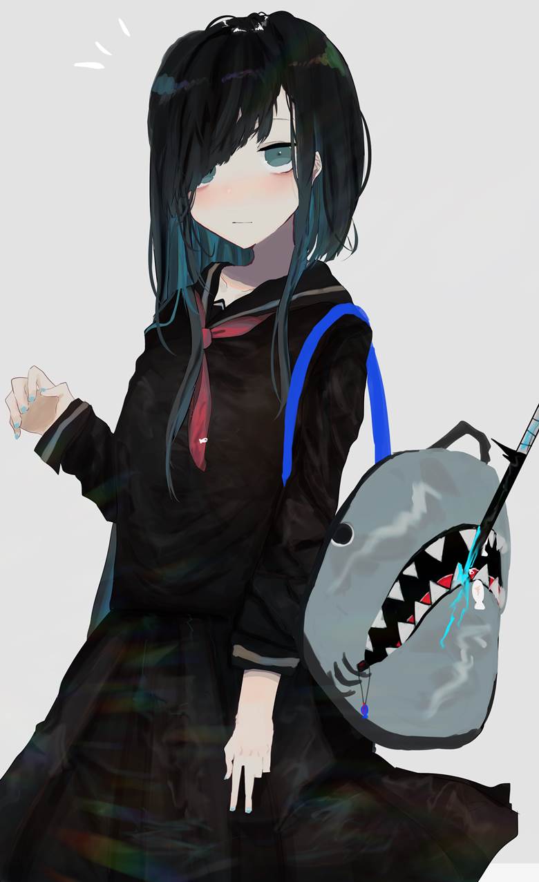 original, girl, creation, black sailor uniform, black hair, rucksack, school backpack, Original 250+ bookmarks