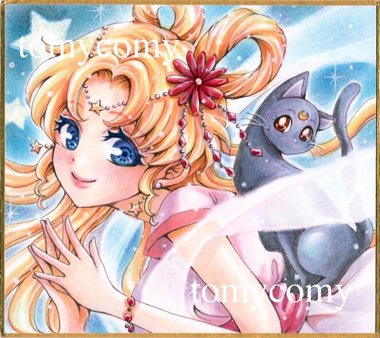 手绘, copic马克笔, 美少女战士, 月野兔, Luna, tanabata, Sailor Moon 100+ bookmarks
