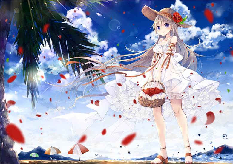 original, falling petals, girl, white dress, straw hat, summer sky, sandals, summer dress, original 3000+ bookmarks