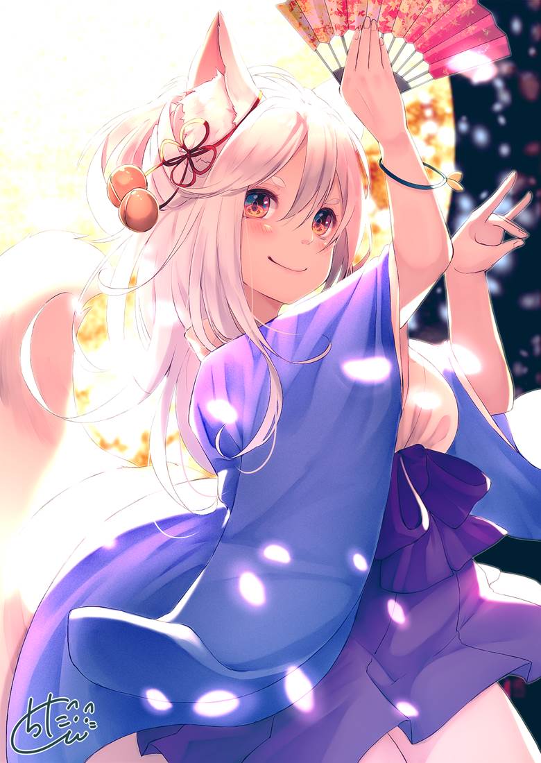 女孩子, 原创, 原创, 兽耳, 狐狸, fox ears, foxgirl, 白发, folding fan, 原创5000users加入书籤