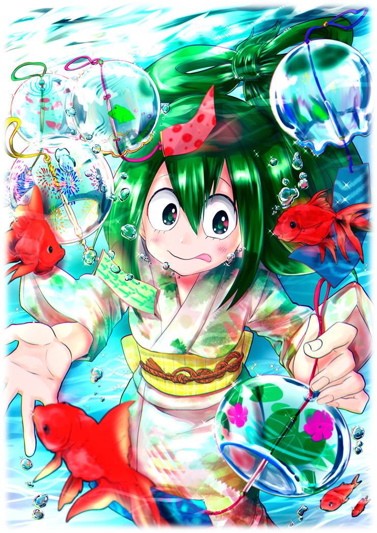 Tsuyu Asui, water, 风铃, 水下, 清凉感, 金鱼, bubbles, 我的英雄学院, 我的英雄学院100收藏, yukata
