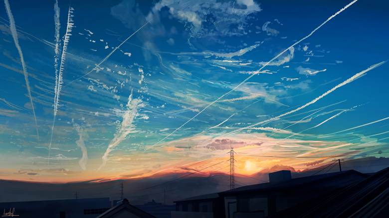 原创, 风景, sky, 插画, background, 夕阳, 夏天, 云, contrail, 风景10000收藏