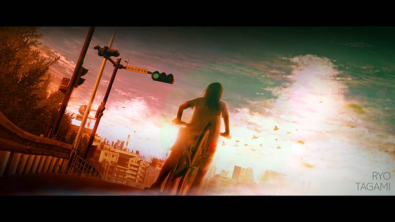 原创, 风景, background, 女孩子, 夏天, 自行车, 积雨云, 夕阳