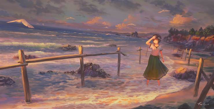 风景, 原创, background, 女孩子, sea, coast, summer sunset, bare feet