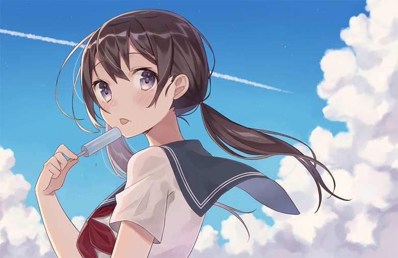 原创, 女孩子, 水手服, 冰棒, contrail, 原创1000users加入书籤, 回眸, 夏日天空, 辫子