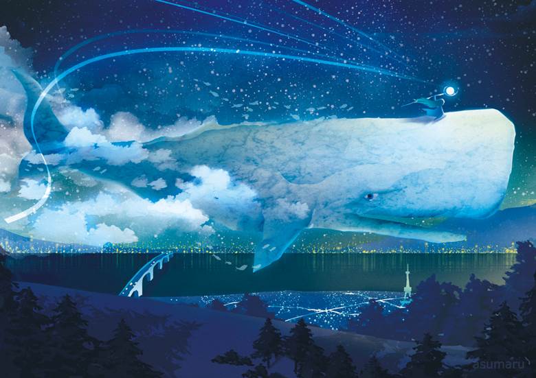 鲸乗りの少女|アスマル／ルマ的云层天空插画图片