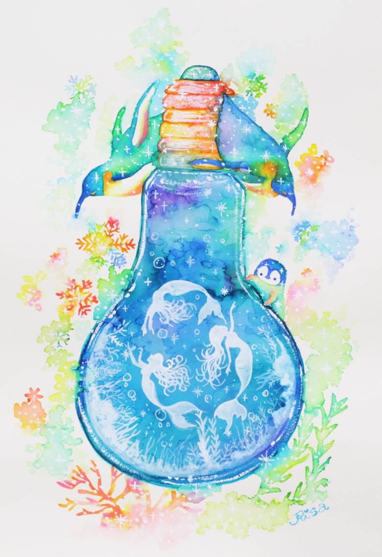 企鹅, 原创, 手绘, colored ink, 电灯泡, 玻璃之中, 人鱼