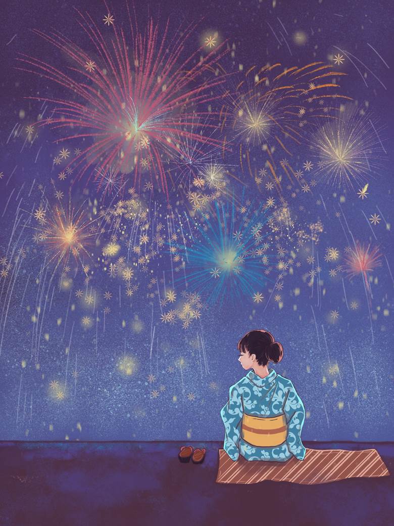 summer, pixiv Today's Theme, original, scenery, background, original, view, fireworks, kimono, sky