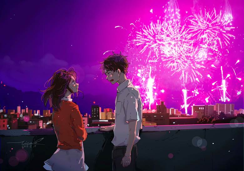 原创, 原创男女角色, 焰火, 夏天, love, love confession, rooftop, night, 原创100收藏