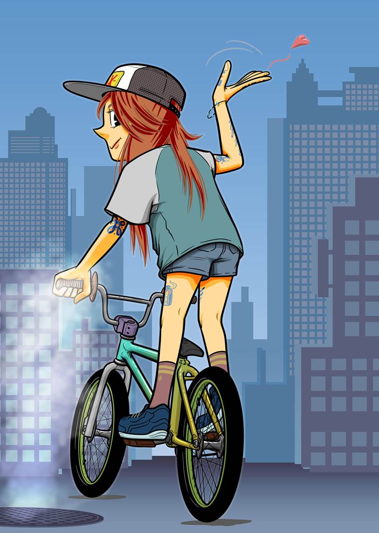“inked bmx girl”|nidan的自行车人物插画图片