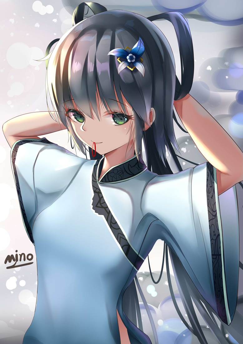 luo tianyi, ancient, young girl, hair tie in mouth