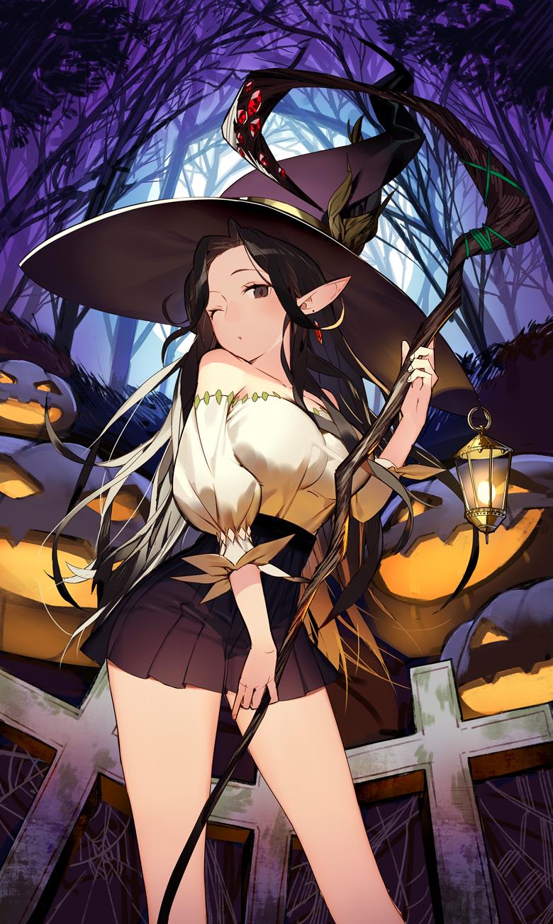 万圣节, 原创, witch, pointed hat, magic cane, lantern, large breasts, chest outline, 原创5000users加入书籤