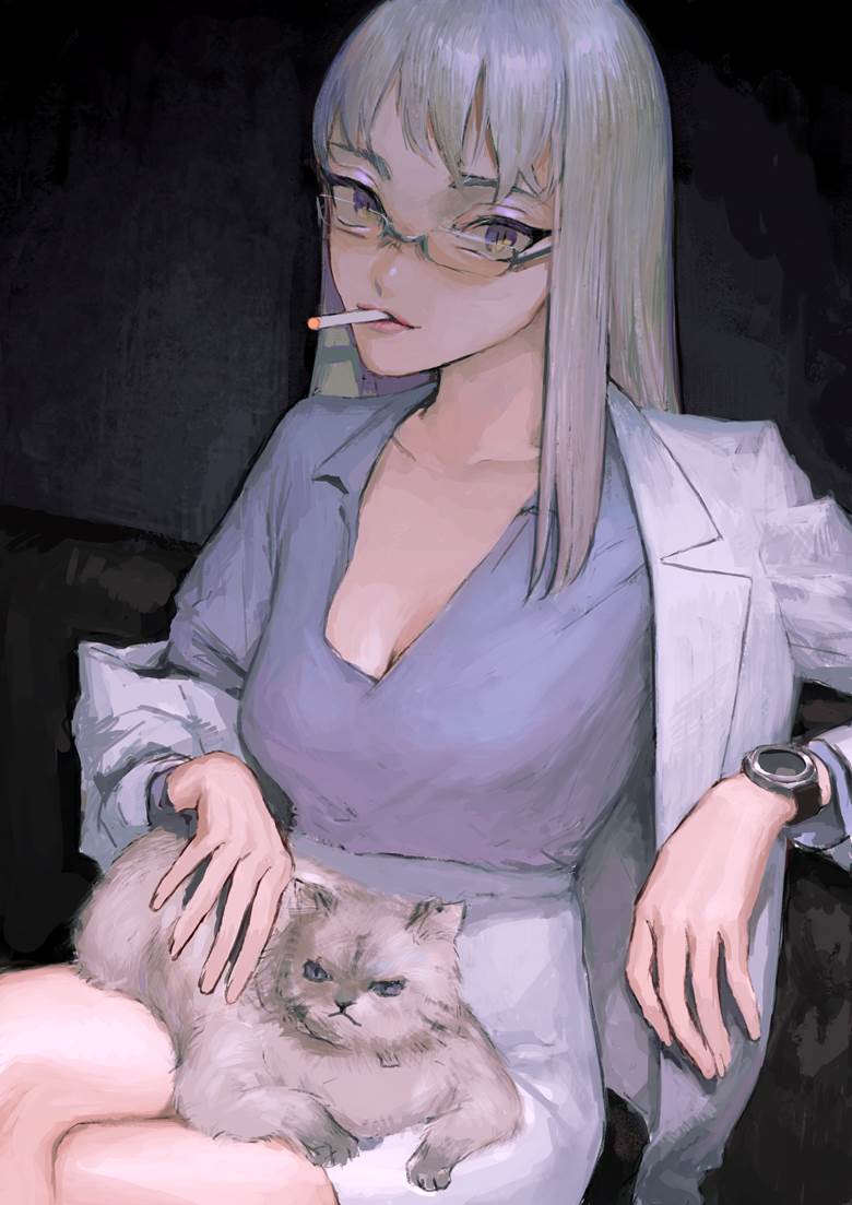 原创, 西装, cat, 香烟, 眼镜, cat and girl