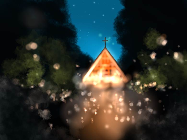 森の教会キャンドルナイト|纱久太郎的冬天风景插画图片