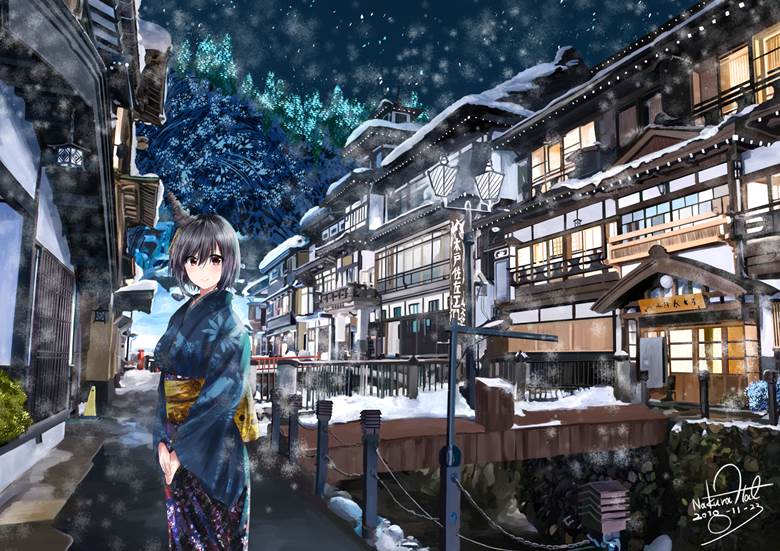Yamashiro, Yamashiro (Kantai Collection), Kancolle, Kantai Collection, kimono, winter, Ginzan Onsen, background, scenery