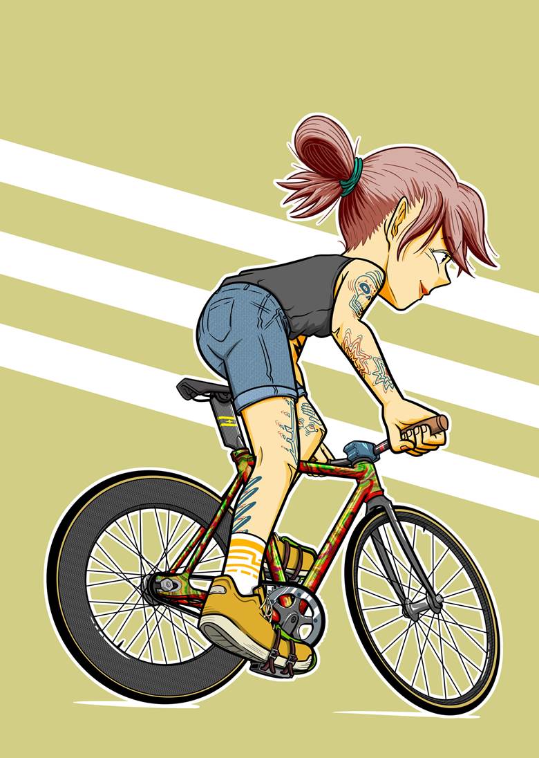 “inkedfixie girl”|nidan的自行车人物插画图片