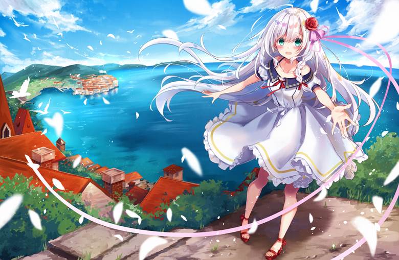 原创, 女孩子, 白发, 风景, long white hair, townscape, 原创, 白色连衣裙, sandals