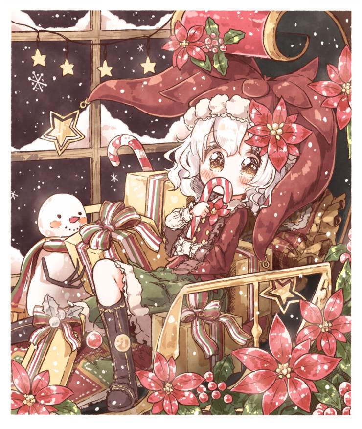 原创, 女孩子, 原创100收藏, poinsettia, 白发, snowman, 礼物