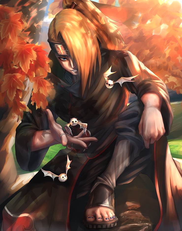 illustration, naruto, handsome, ponytail, deidara, autumn leaves, autumn, explosion, dawn