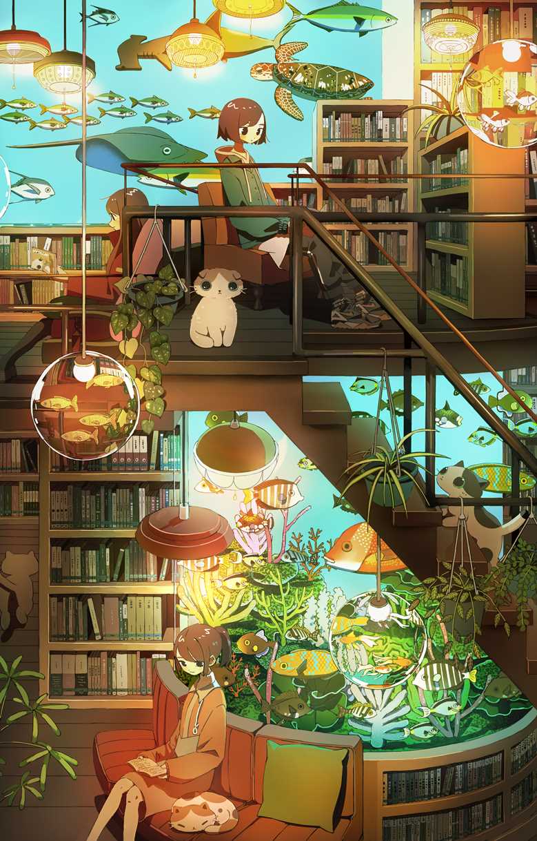 図书水族馆|TAO的图书馆风景插画图片