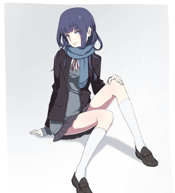 girl, uniform, high school girl, white knee socks, loafers, thighs, straight fringe, long hair, original