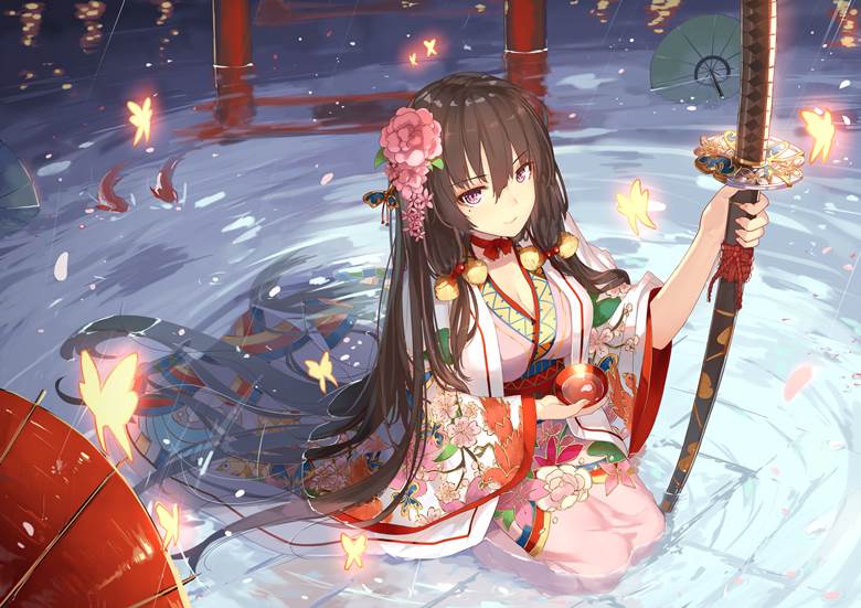 original works, young girl, oiran, Japanese-style beauty, original 7,500+ bookmarks, water surface, Japanese sword, kimono