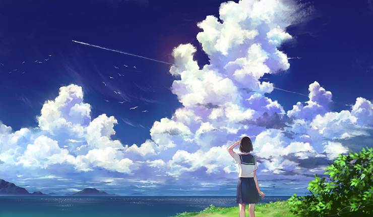 original, summer, cumulo-nimbus, contrail, sailor uniform, black hair, boy-cut, girl, original 3000+ bookmarks