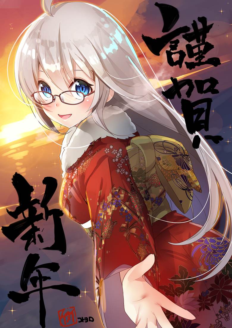 原创, 和服, 贺年卡, 眼镜