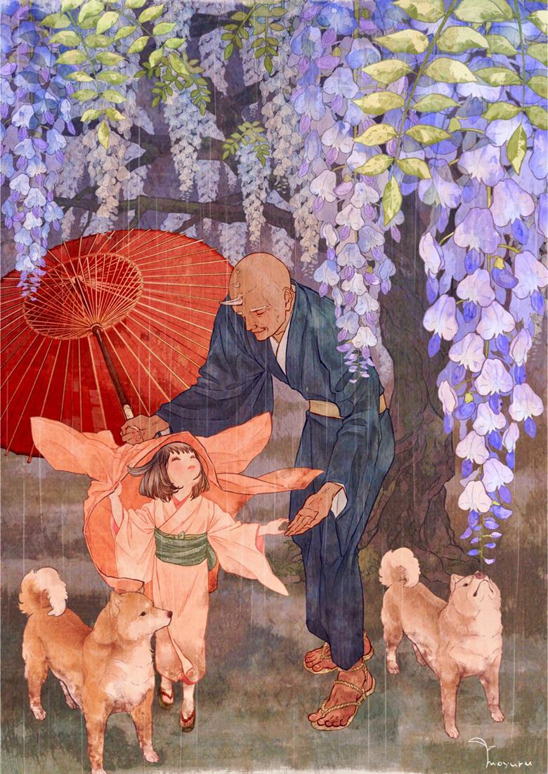 原创, wisteria, shiba inu, 女孩子, kimono, Japanese umbrella, Original 300+ bookmarks