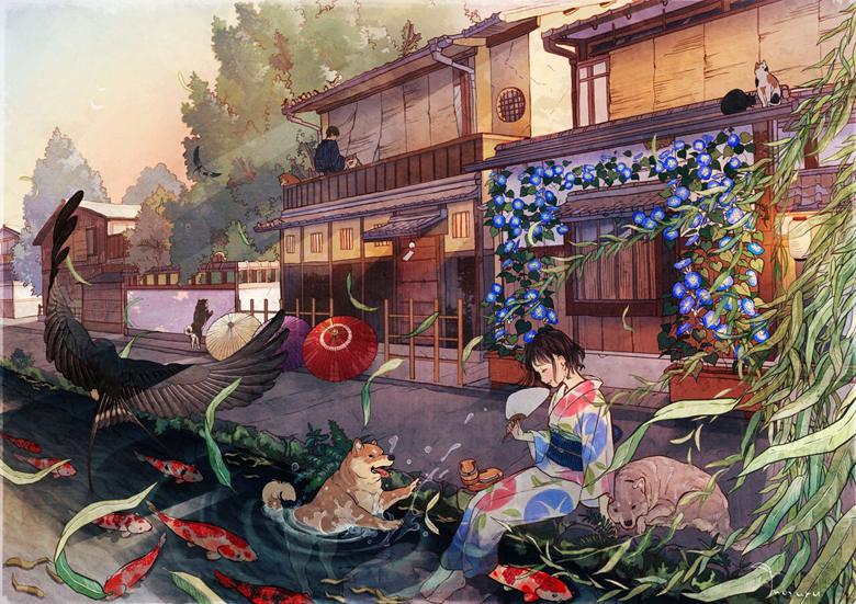 原创, 女孩子, shiba inu, kimono, feet in water, koi, 朝颜, dog and girl, 原创1000users加入书籤