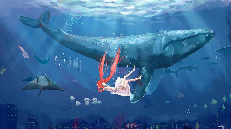 坠入海底的少女|插画师Ankry的海底景色插画图片