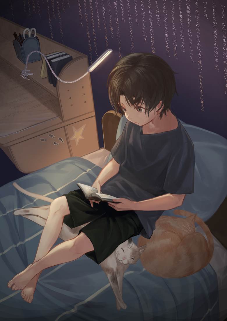 寝る前の时间|kelly的猫和男孩插画图片