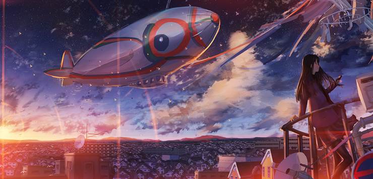 飞行船|插画师葛城ナコモ的风景插画图片