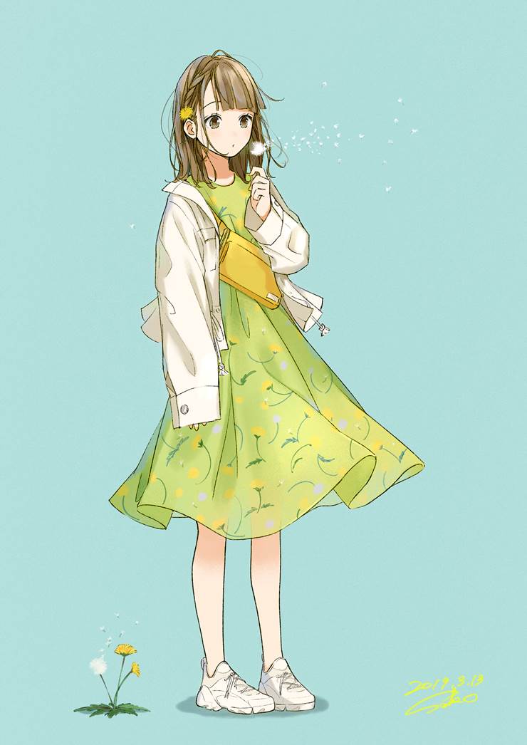 dandelion, ONE PIECE, spring, 原创, 女孩子, shoes without stockings, green dress, 连衣裙, 原创5000users加入书籤