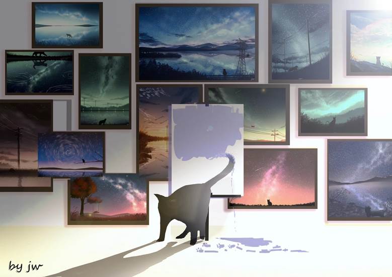 猫的画展|画师JW的银河星空P站插画图片