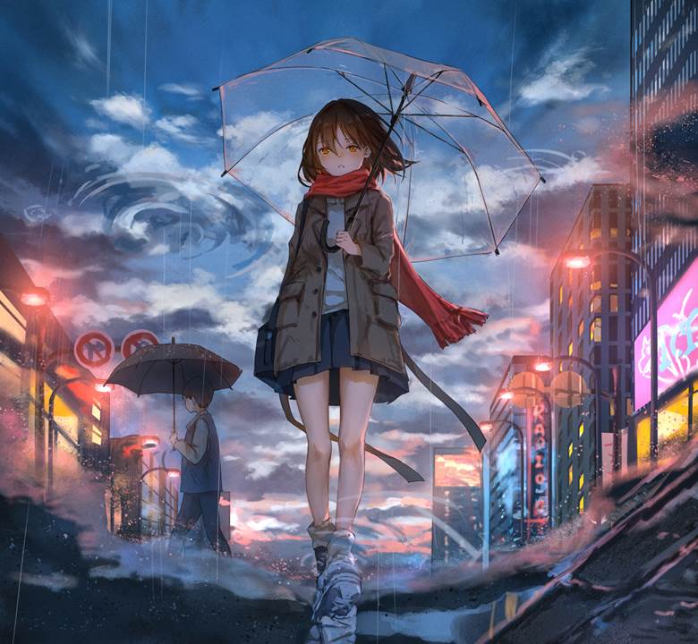 雨中动漫伤感撑伞少女图片