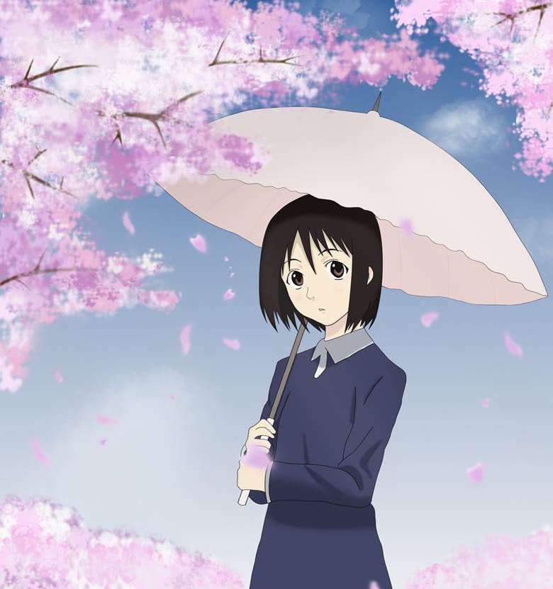 Misaki Nakahara, cherry blossoms, sakura, 欢迎加入NHK, short hair, short hair, 伞, spring, 樱花, 樱