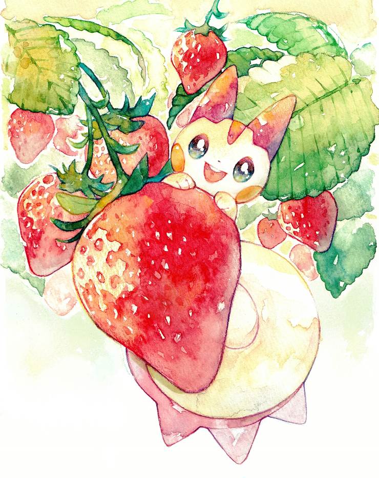 精灵宝可梦, pachirisu, transparent watercolor, incredibly cute, 异色, strawberry, Pokémon 500+ bookmarks