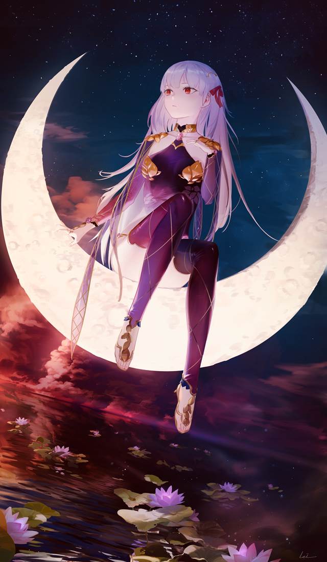 伽摩（Fate）, 女孩子, fantasy girl, sitting on a crescent moon, Fate/GO500users加入书籤, water surface
