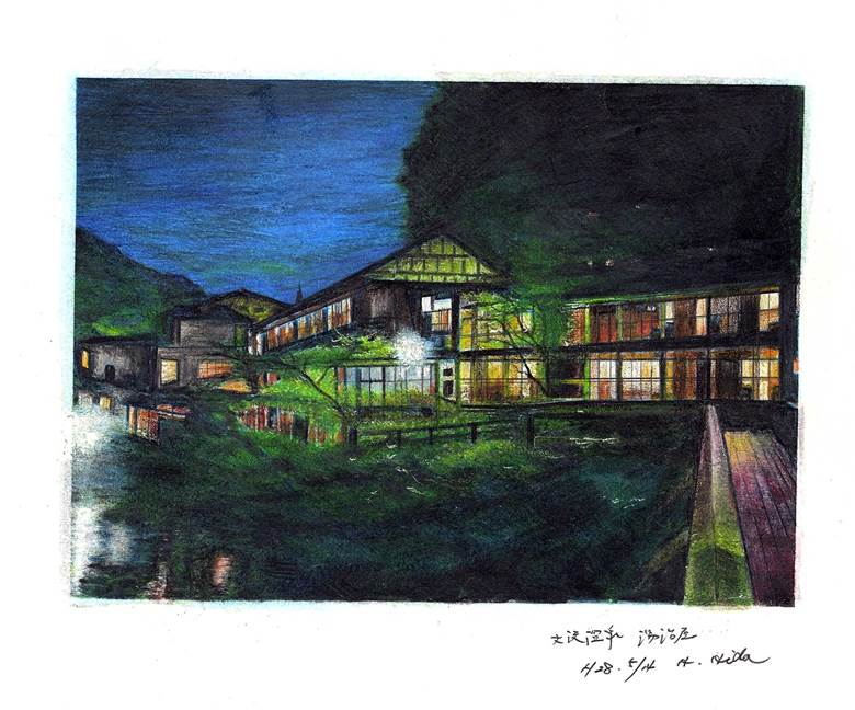 原创, colored pencil drawing, 风景, night view, 手绘, onsen