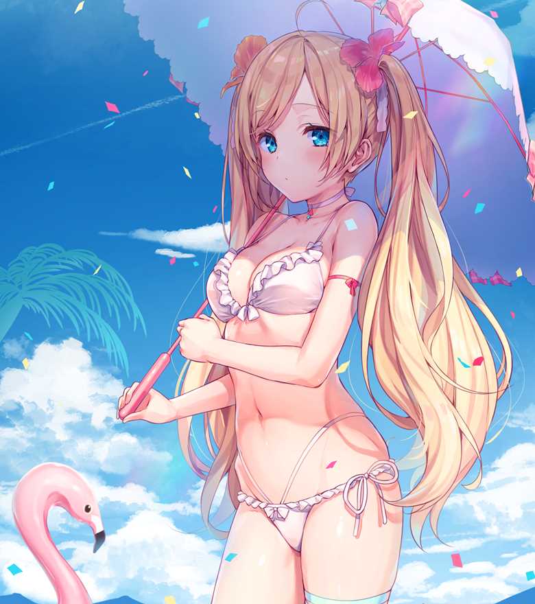 原创, 商业绘图, 泳装, blonde twintails, flamingo, 原创10000users加入书籤, parasol, 比基尼, 夏日天空