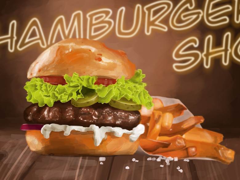ハンバーガー|赤井茶叶的汉堡包美食插画图片