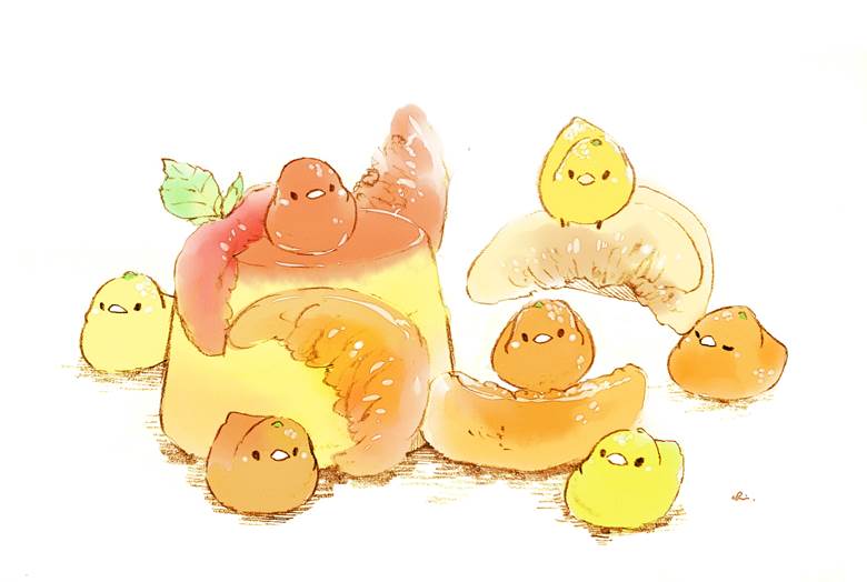 柑橘いっぱいプリン|チャイ的Pixiv甜点小鸡插画图片