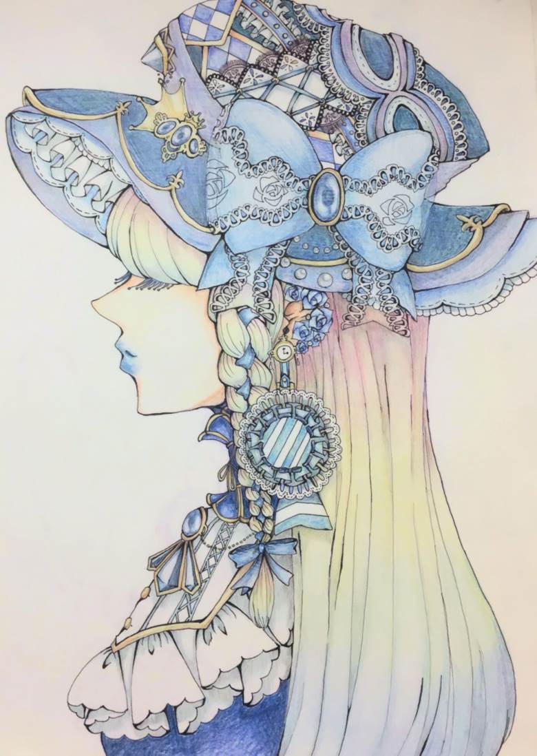 蓝, fashion, lolita, hat, 女孩子, 彩色铅笔, 原创, 爱丽丝梦游仙境