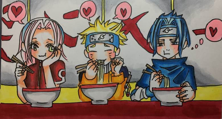 漩涡鸣人, 宇智波佐助, 春野樱, Team 7, 手绘, copic马克笔, traditional, analog illustration, 拉面
